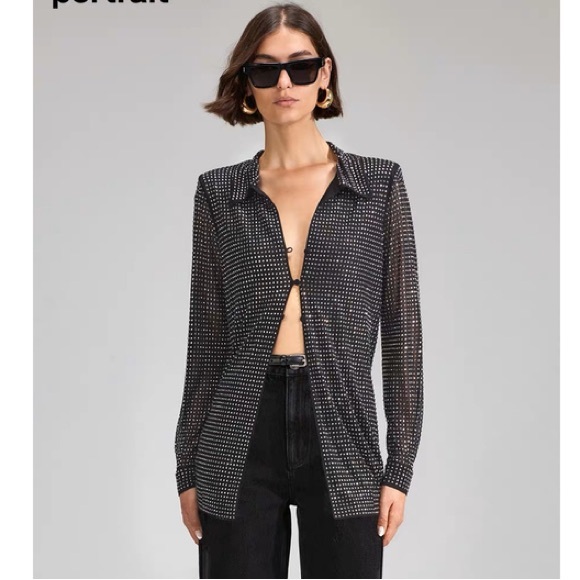 Self-Portrait Jackets & Blazers - Self-Portrait Rhinestone-Embellished Black Mesh Shirt